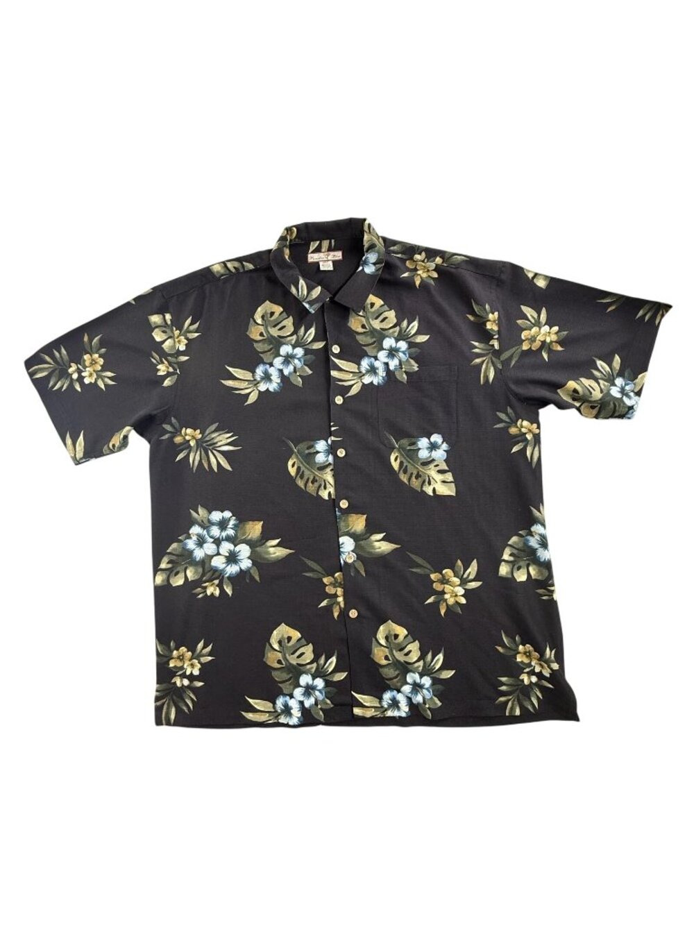 Paradise Blue Shirt Mens 3XLT Black Silk Hawaiian Floral Button Up Short Sleeve